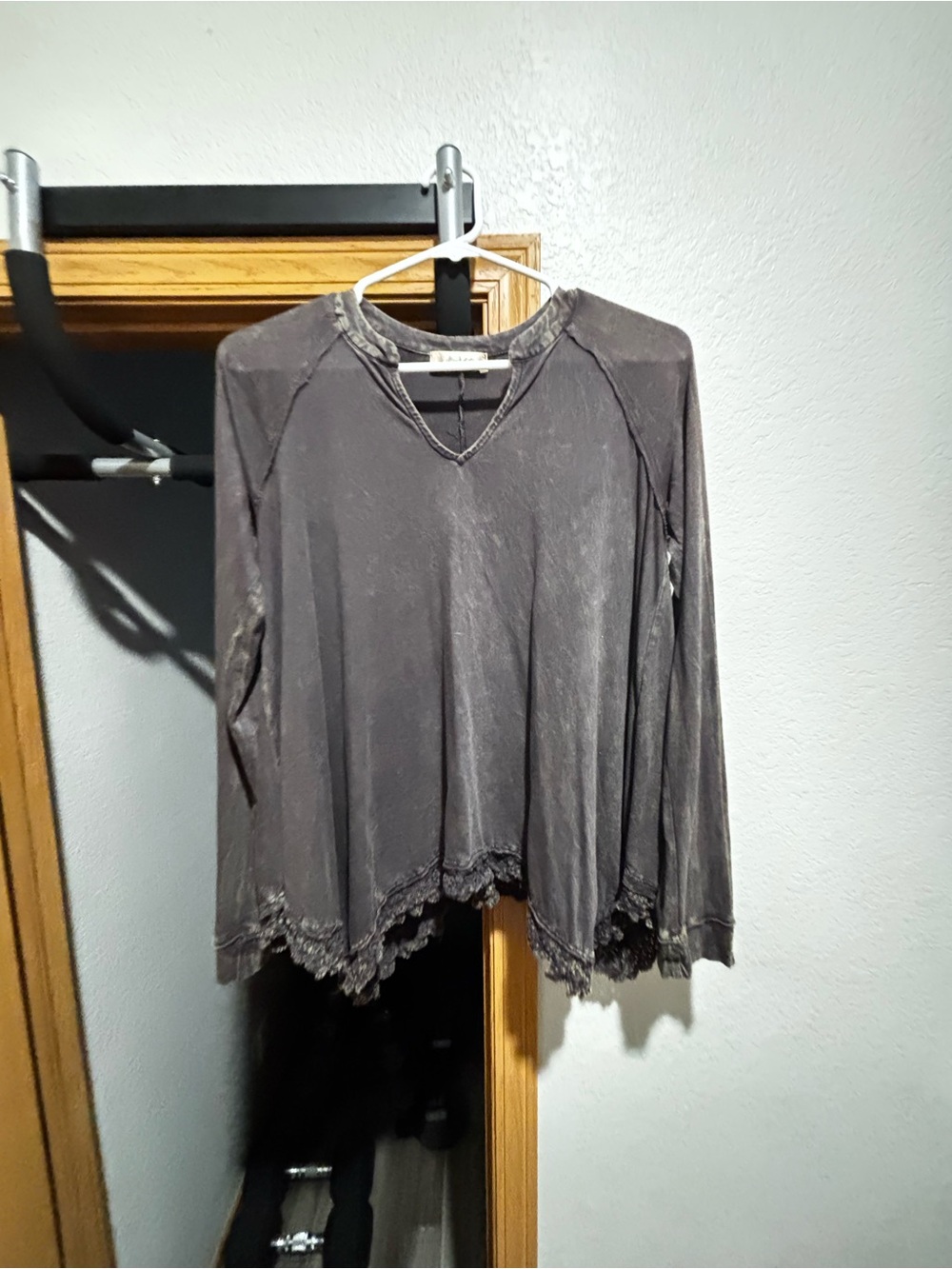 Altar'd State Washed Gray Long-Sleeve V-Neck Top with Lace Hem